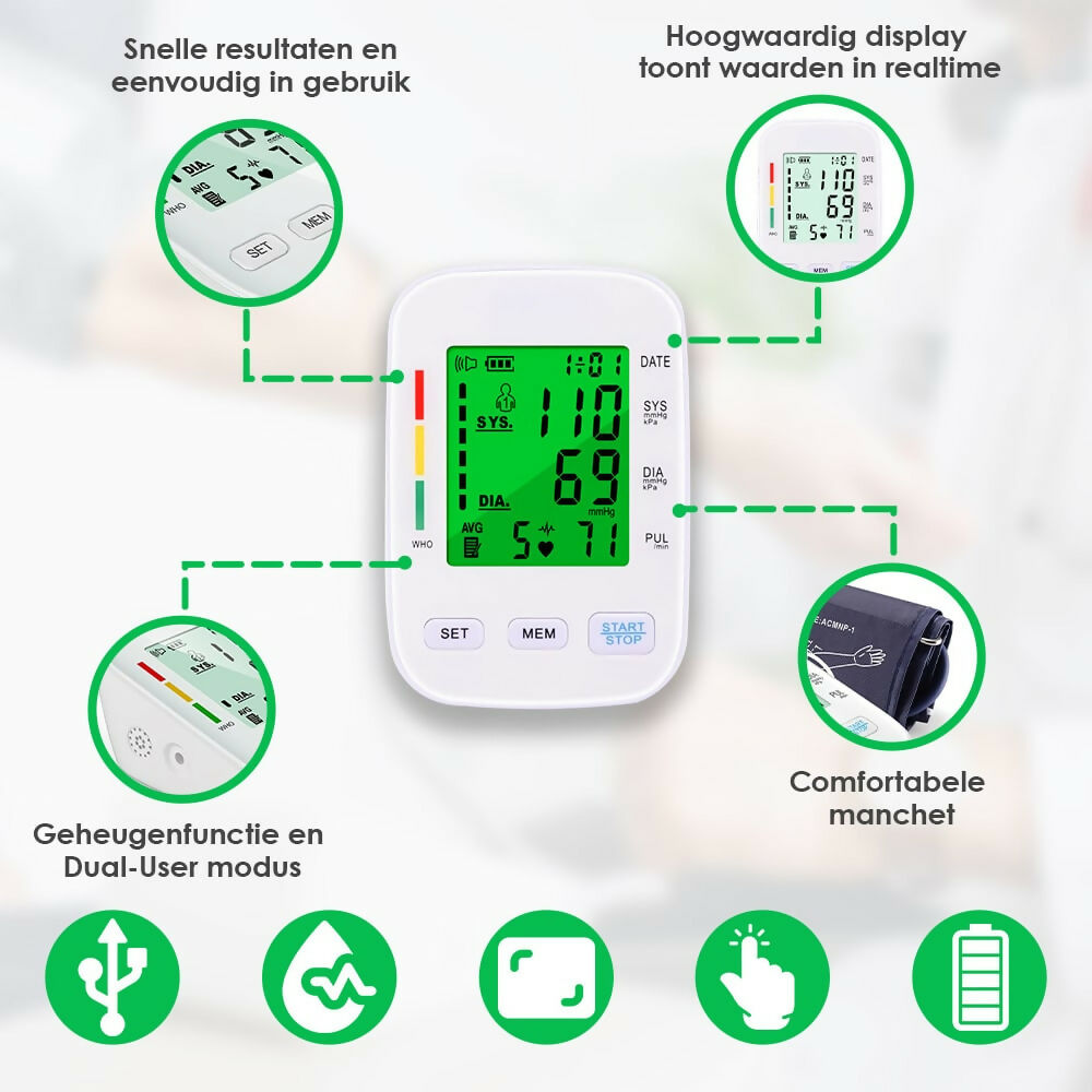 Volautomatische bovenarm-bloeddrukmeter met digitaal display / Met comfortabele manchet en geheugenfunctie / Bloeddruk- en hartslagmeting