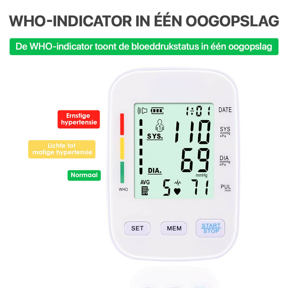 Volautomatische bovenarm-bloeddrukmeter met digitaal display / Met comfortabele manchet en geheugenfunctie / Bloeddruk- en hartslagmeting