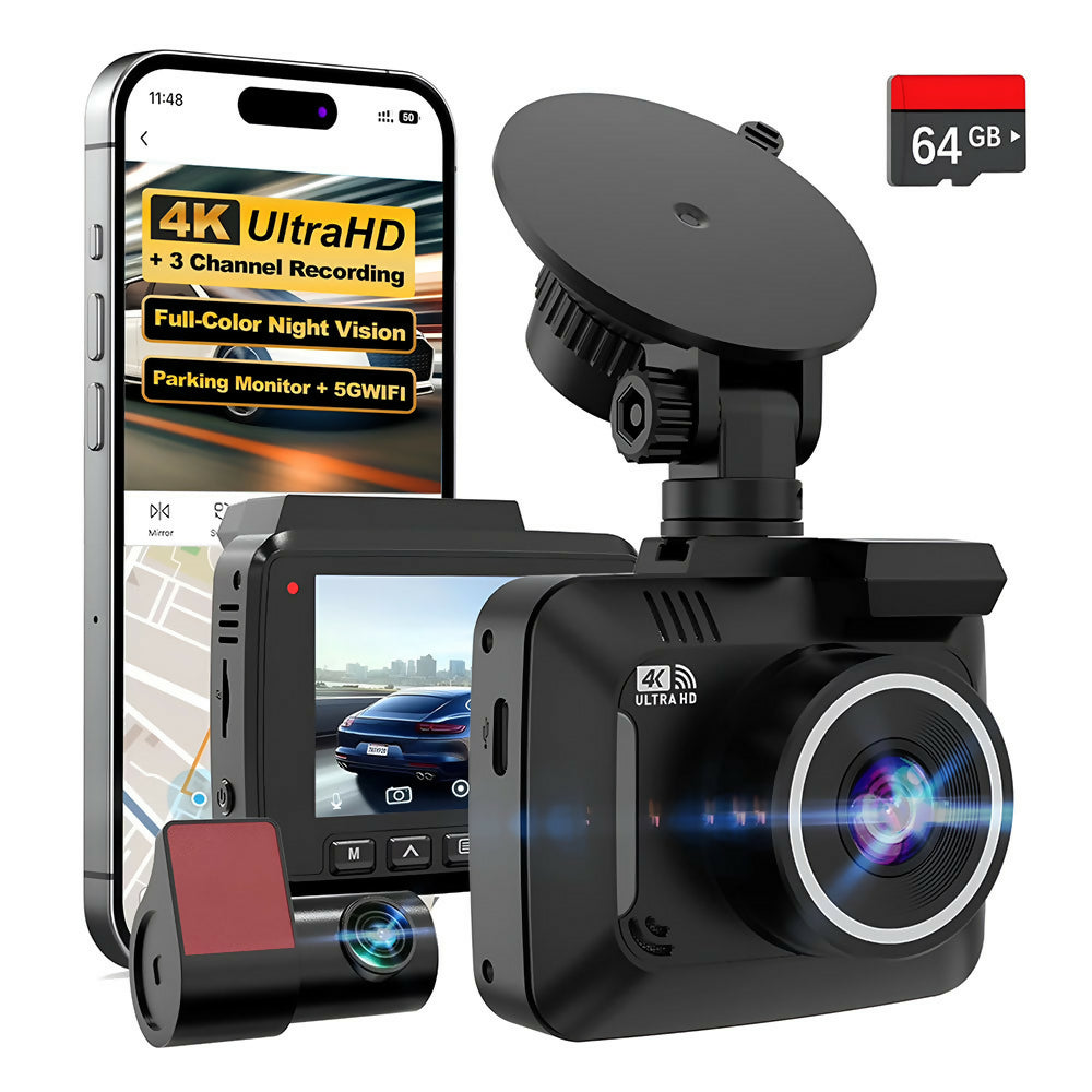 4K Dash Cam – Ultra HD recording with front/rear cameras, night vision, and 24/7 monitoring