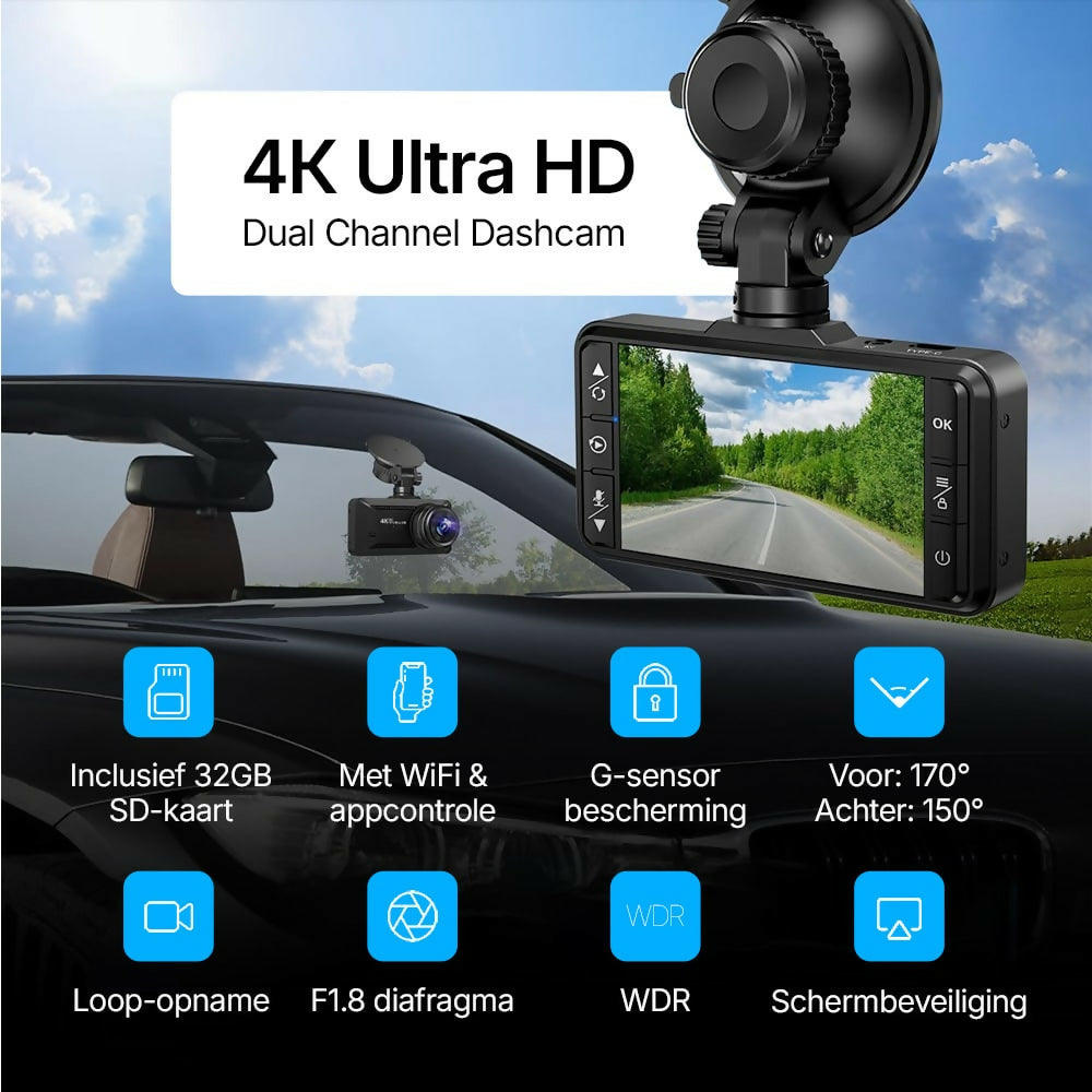 4K Dashcam Pro – Ultra HD-opnames met voor- en achtercamera’s, nachtzicht en 24/7 bewaking