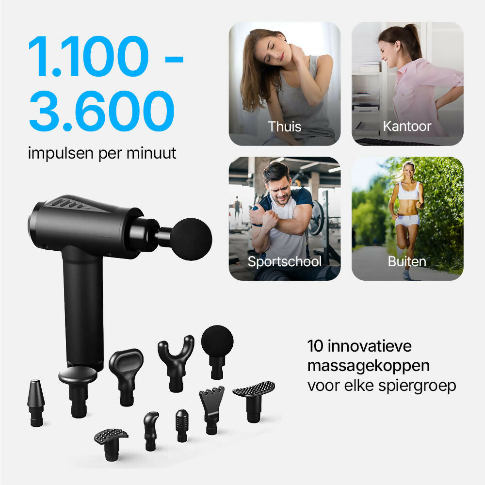 Massagepistool met 30 snelheden / Diepe spiermassage tot 3.600 t/min / 10 massagekoppen voor nek, rug & lichaam / Met LCD-touchscreen