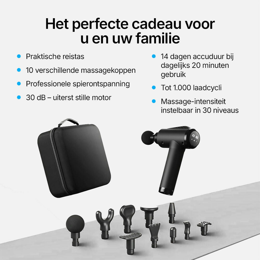 Massagepistool met 30 snelheden / Diepe spiermassage tot 3.600 t/min / 10 massagekoppen voor nek, rug & lichaam / Met LCD-touchscreen