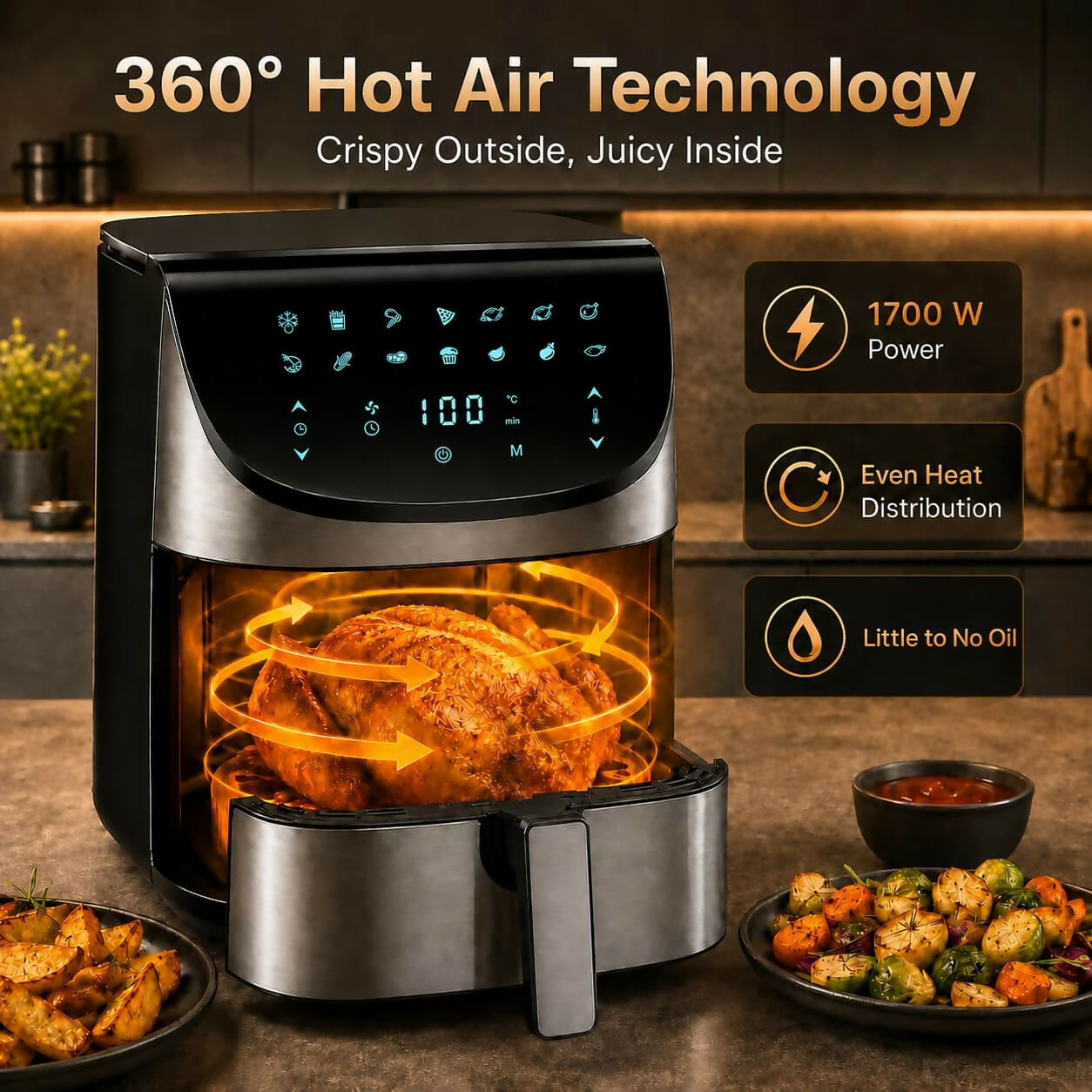 Oryzom AirCrisp Pro – 360° Hot Air Technology with 1700 W for Fast, Healthier Meals