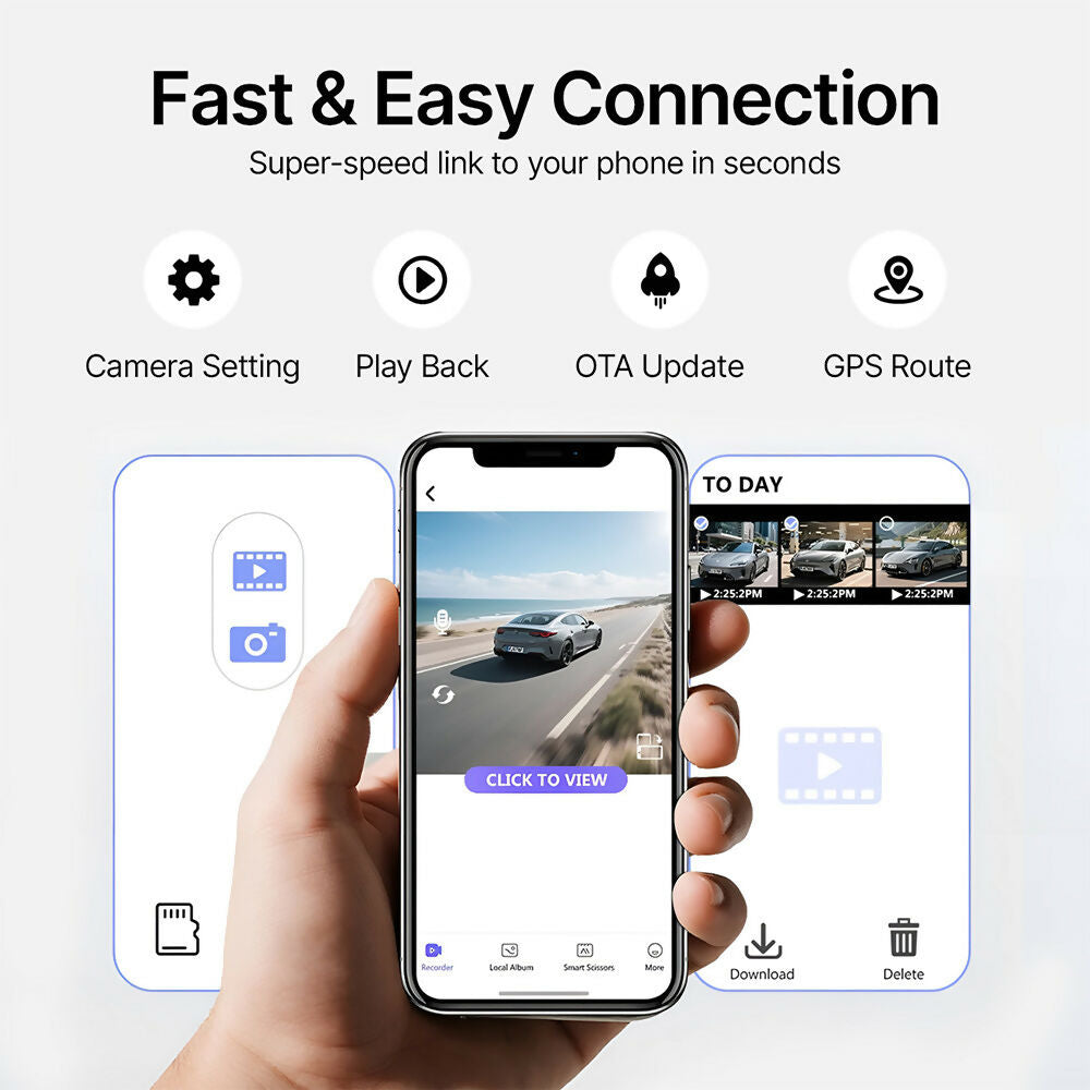 4K Dash Cam – Ultra HD recording with front/rear cameras, night vision, and 24/7 monitoring