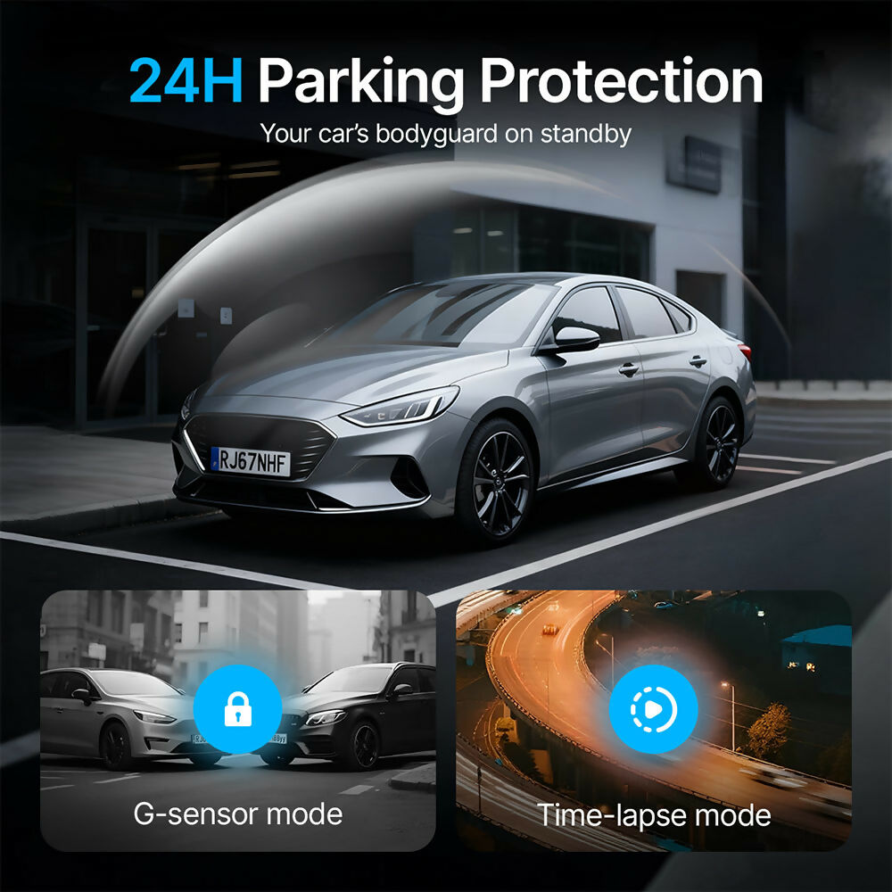 4K Dash Cam – Ultra HD recording with front/rear cameras, night vision, and 24/7 monitoring