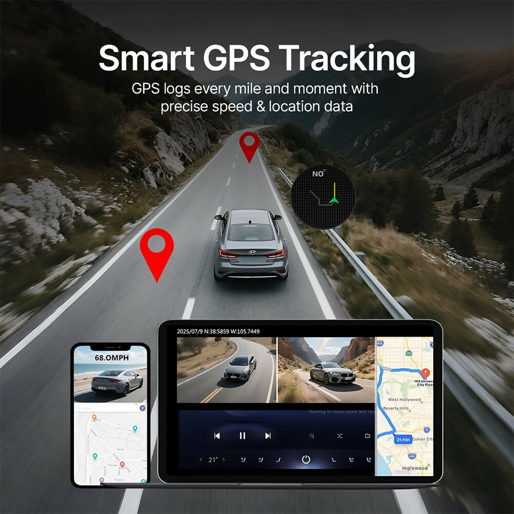 4K Dash Cam – Ultra HD recording with front/rear cameras, night vision, and 24/7 monitoring